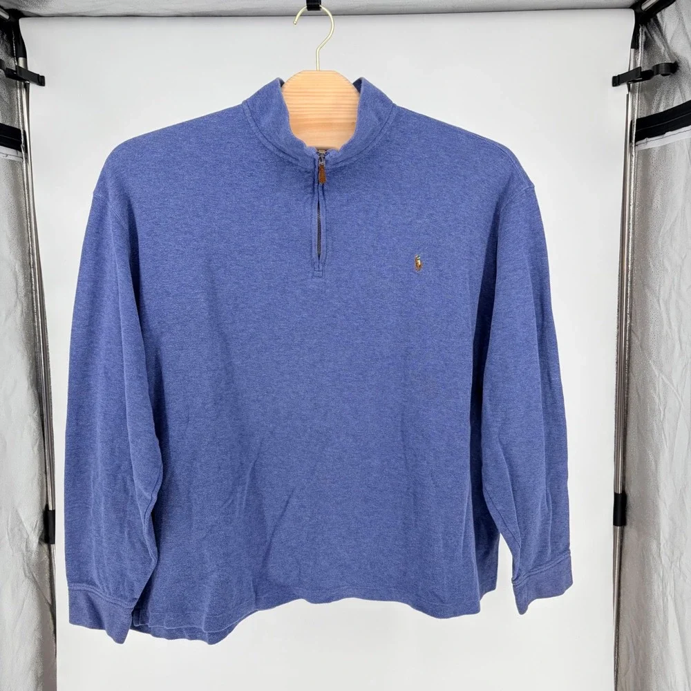 Polo Ralph Lauren Quarter Zip Pullover 3XLT Blue Estate Rib Cotton Mock Neck